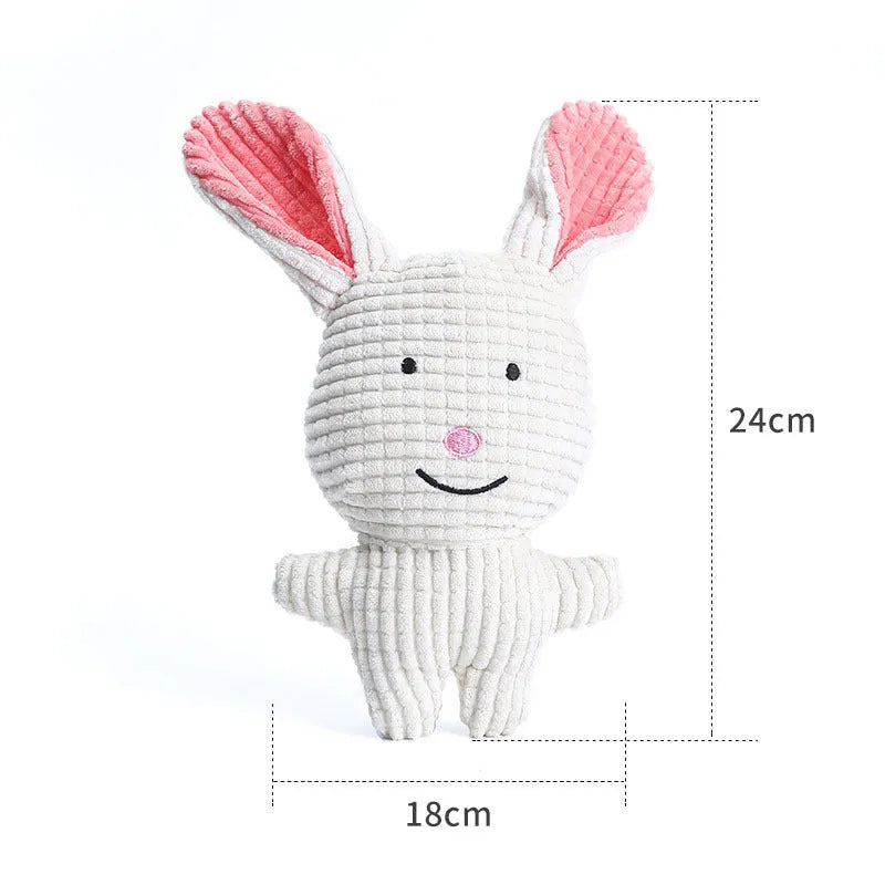 Animal-shaped plush dog chew toy with squeaker in multiple colour options