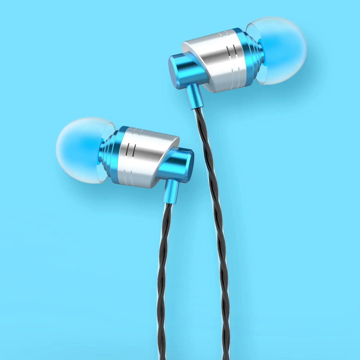 Black wired in-ear headphones with a metal subwoofer, 3.5mm plug, and in-line microphone on a 1.2m cable.