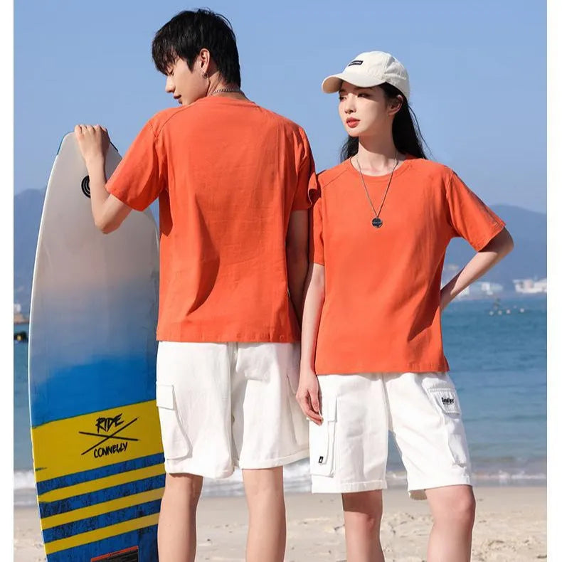 Men's solid colour pure cotton short sleeve T-shirt on a hanger, showing crew neck and straight fit.