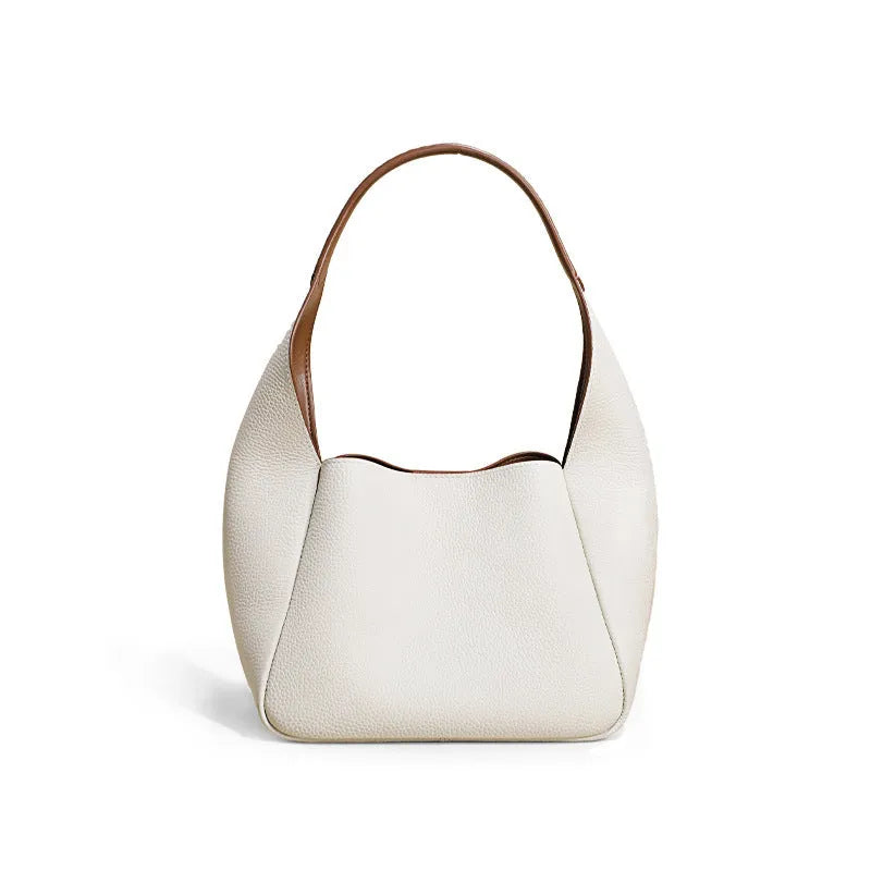Top layer cowhide genuine leather women's shoulder bag in camel colour, horizontal square shape with sewing thread detail