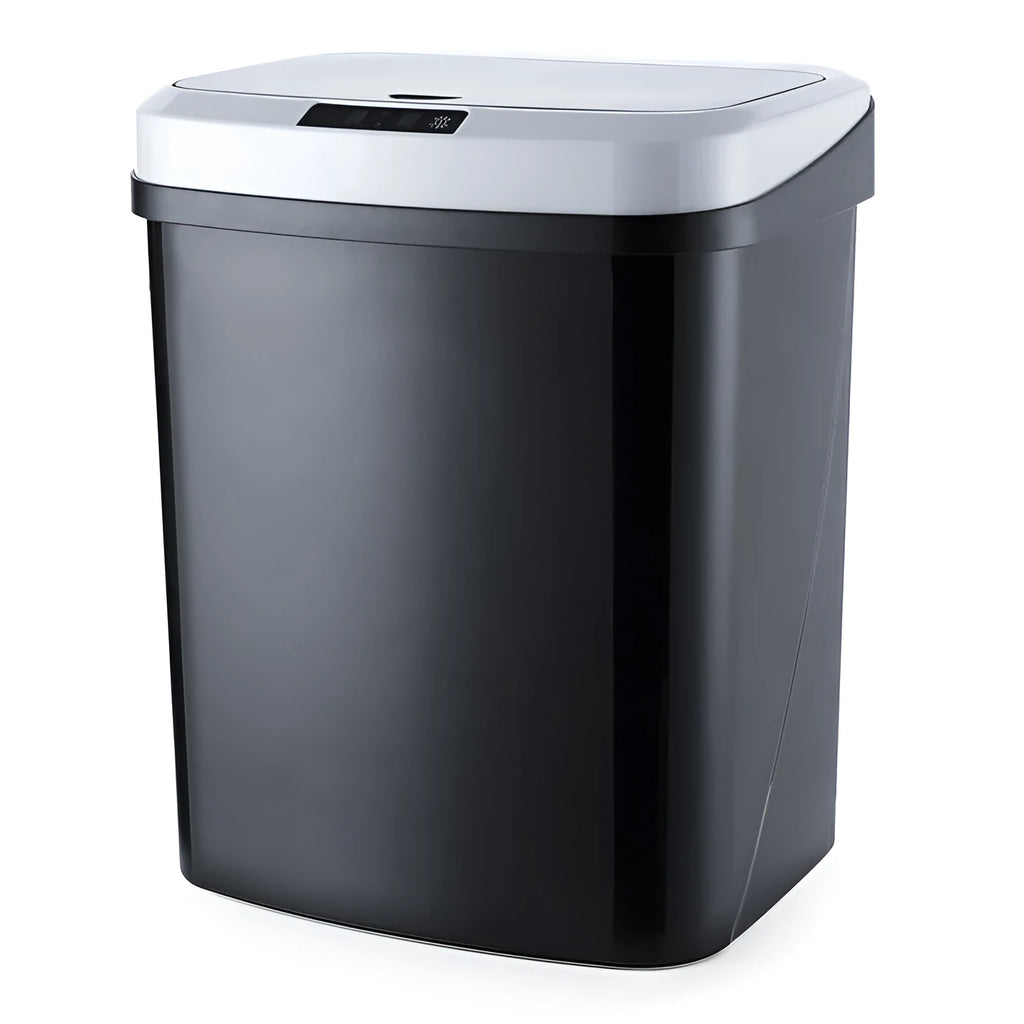 Smart induction trash can in black with lid closed, stereo dual-mode sensor bin for kitchen or toilet use