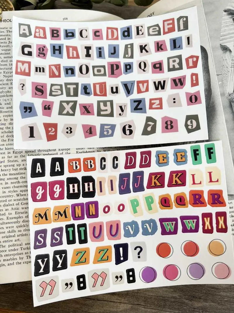 Set of English letter and number stickers with weekly words in printed cute style for crafts