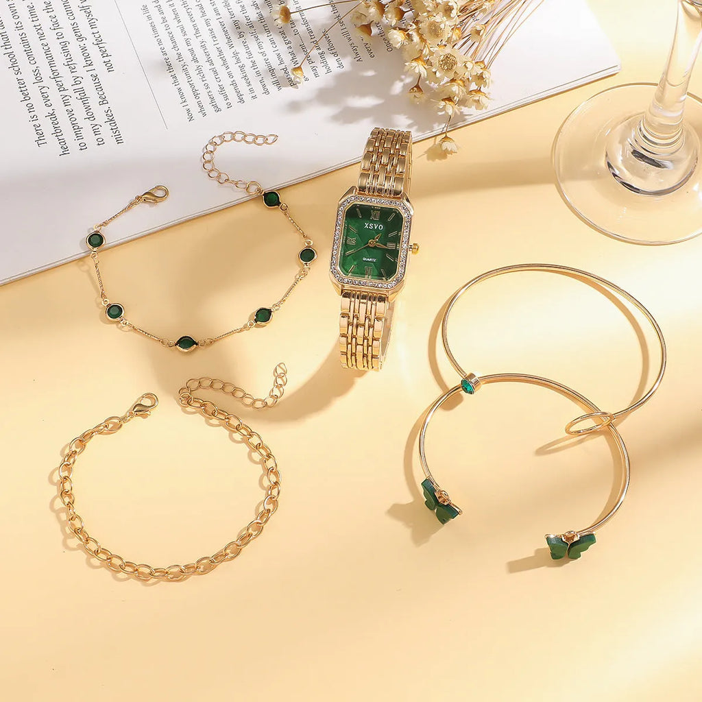 Gold and emerald green square women's watch with four matching bracelets jewellery set