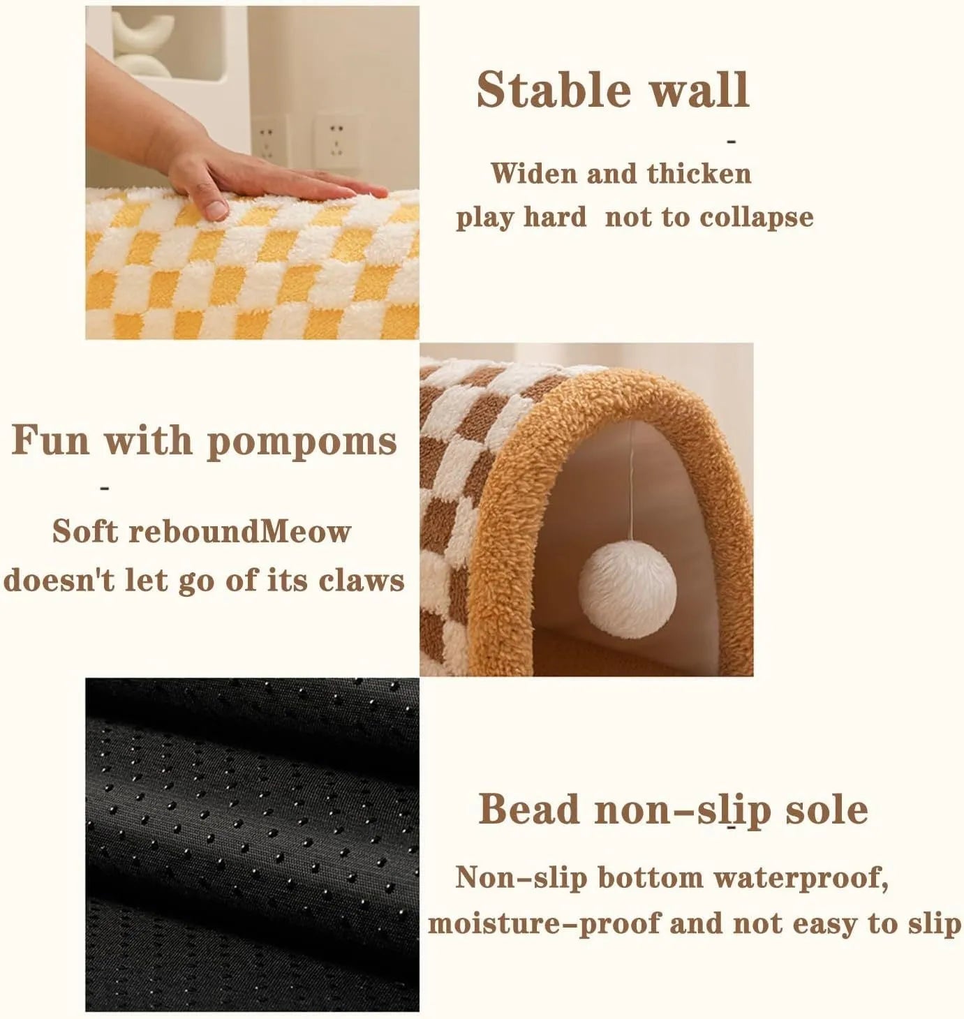 Brown plaid cat tunnel bed with central mat, showing non-slip bottom and fluffy plush material.