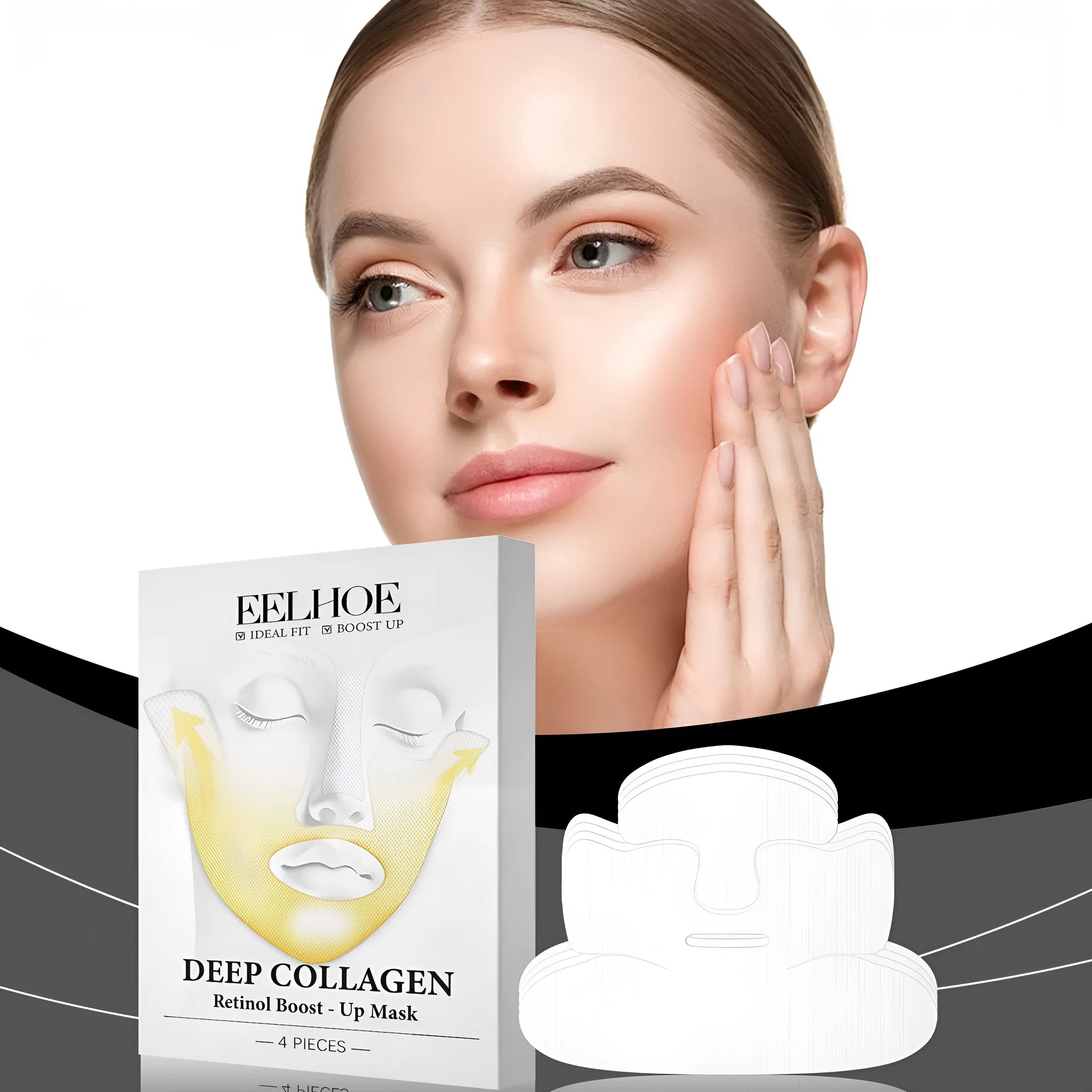 Four collagen facial sheet masks in individual packaging for skincare treatment