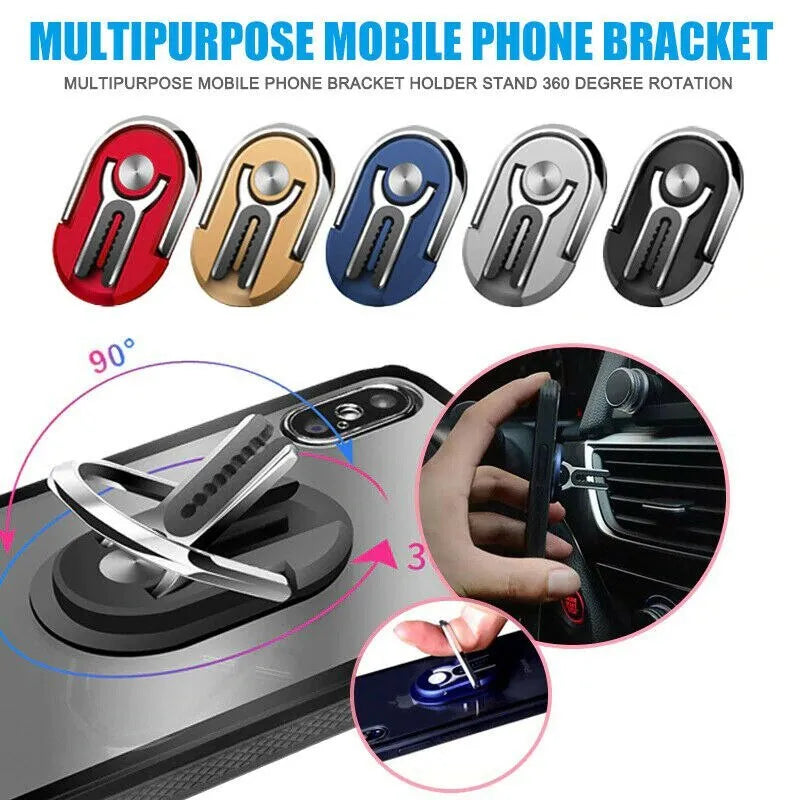 Universal car air vent phone holder with finger ring grip, zinc alloy body, silicone clip, 360° rotation