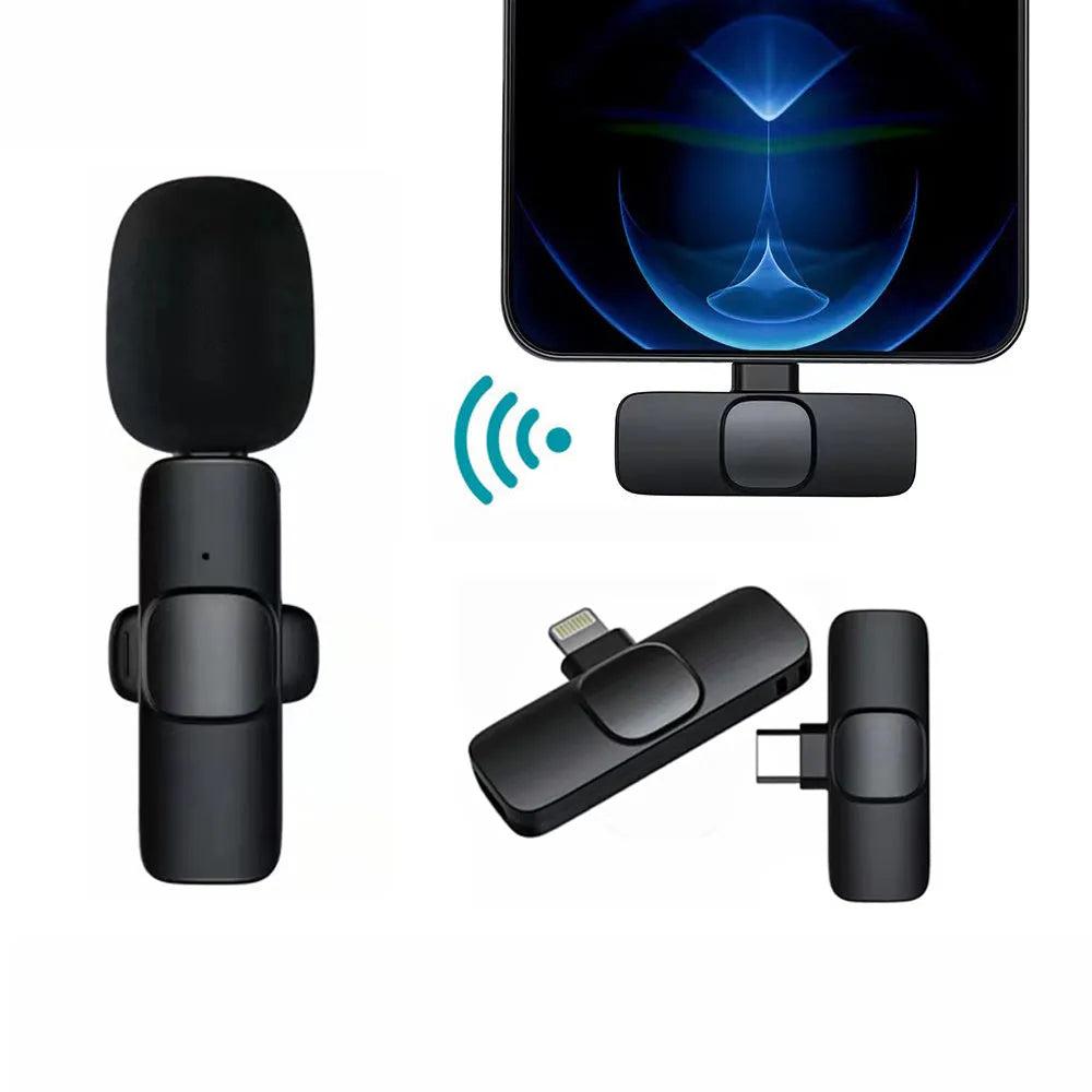 Wireless lavalier microphone and receiver set with 62x23x28mm mic, 45x27x7mm receiver, for iPhone Android recording