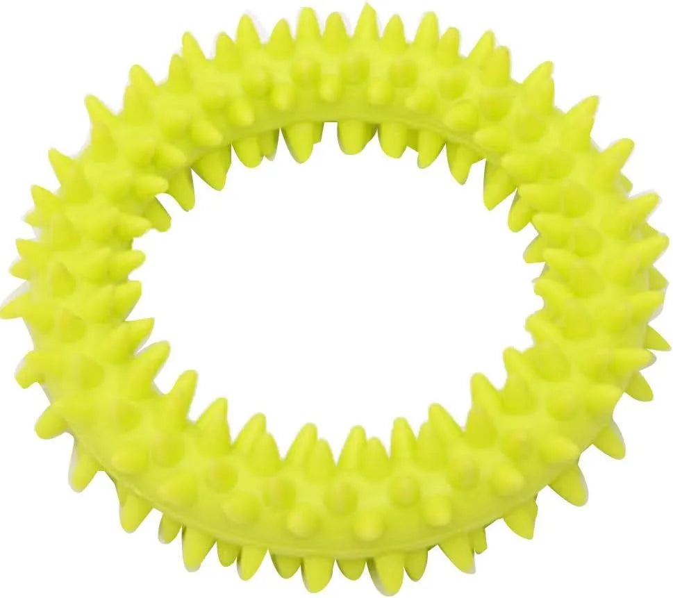 Blue TPR spiky ring dog chew toy for dental cleaning and bite training on a white background.