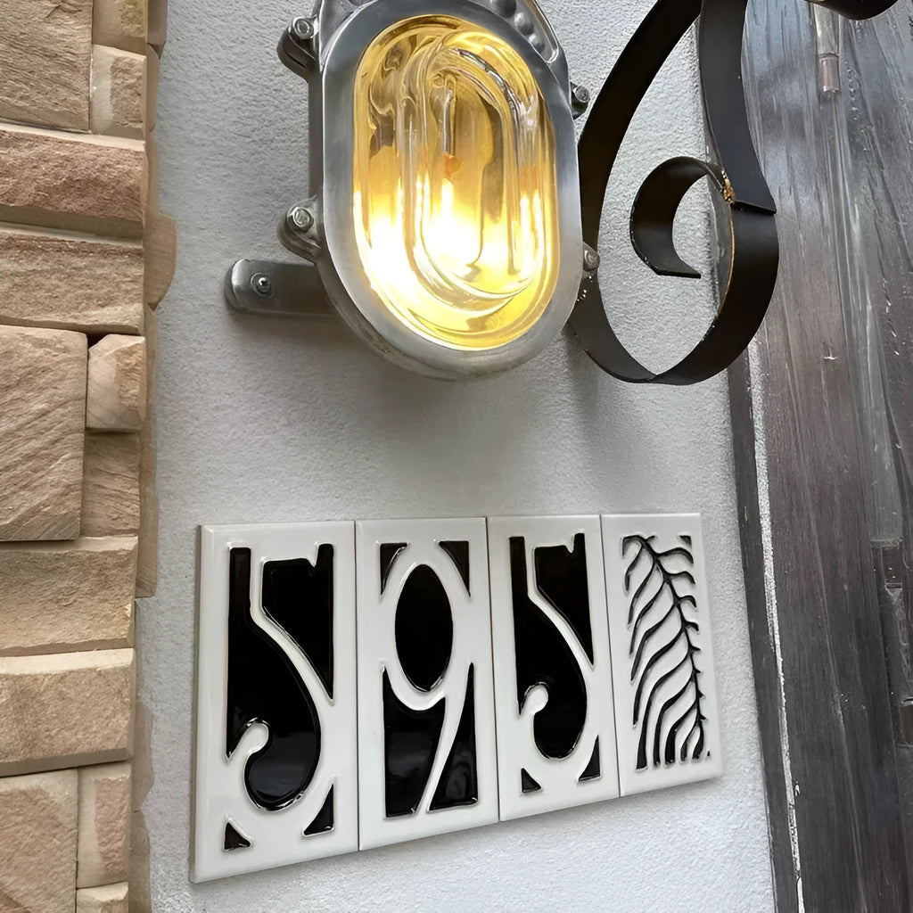 Handmade retro-style ceramic doorplate with white base and blue enamel number 5, showing 76x152mm dimensions.