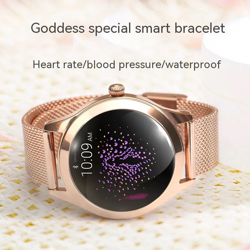 Women's smartwatch in black, rose gold, silver, or white with heart rate monitoring display