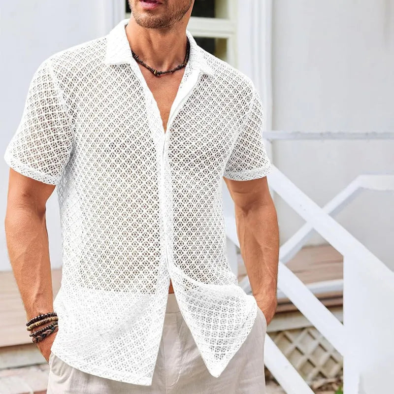 Men's short sleeve lapel shirt in cotton blend fabric for summer, shown in beige colour.