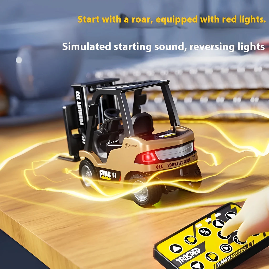 1:64 scale alloy remote control forklift truck with Bluetooth connectivity and obstacle accessories