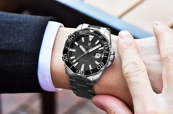 Men's mechanical watch PD-1617 with stainless steel bracelet and silver black dial