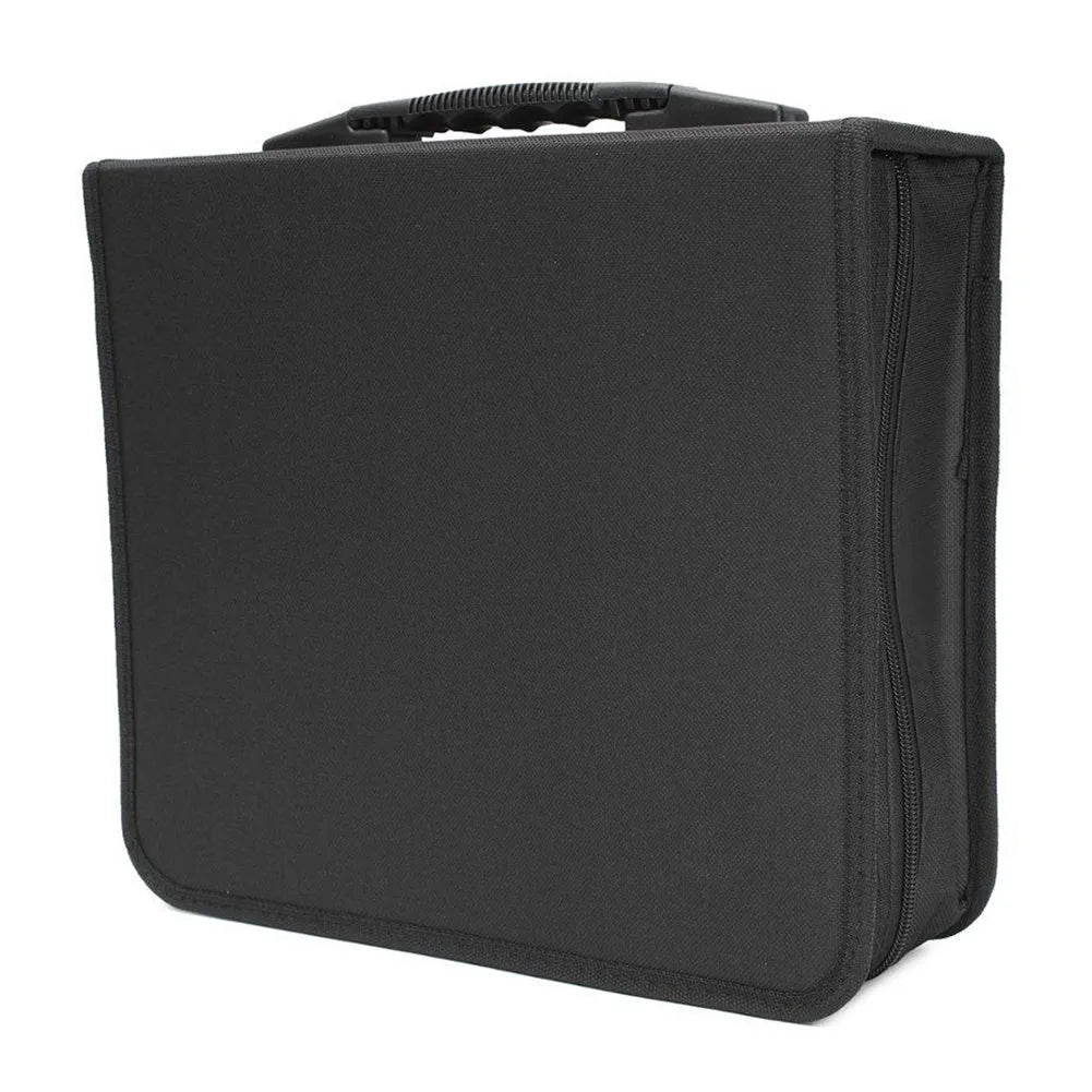 Black Oxford fabric CD and DVD storage binder with a zip and top carry strap.