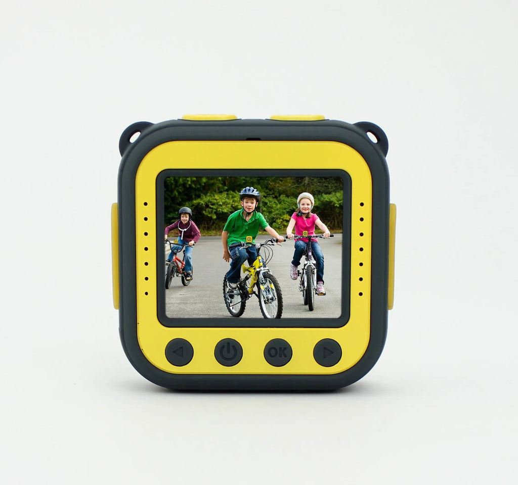 Yellow children's waterproof sports camera with compact design showing dimensions and LCD screen