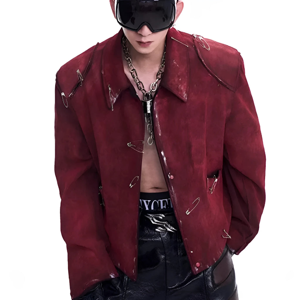 Men's thick quilted flocking decorative pin jacket in red, loose fit with lapel collar