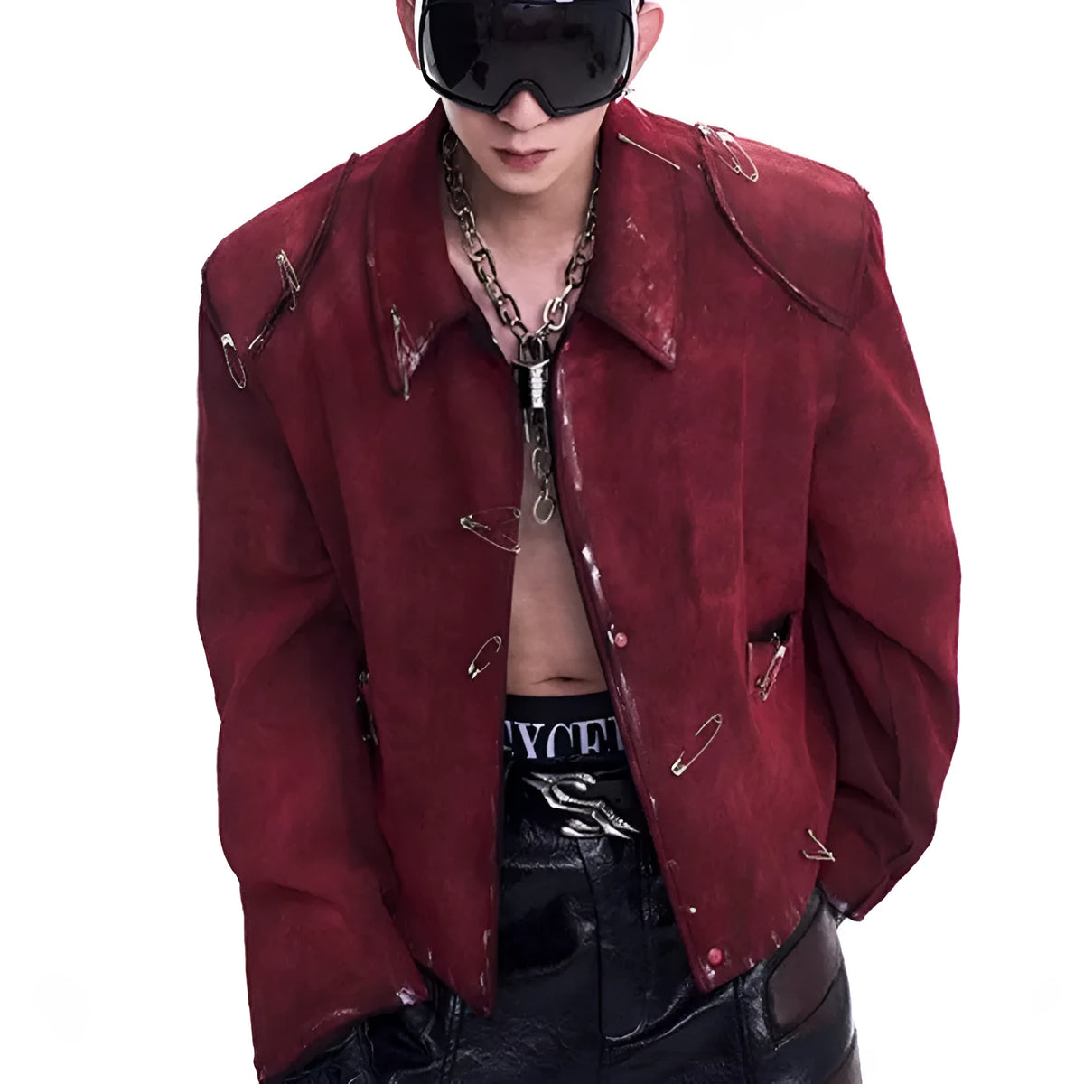 Men's thick quilted flocking decorative pin jacket in red, loose fit with lapel collar