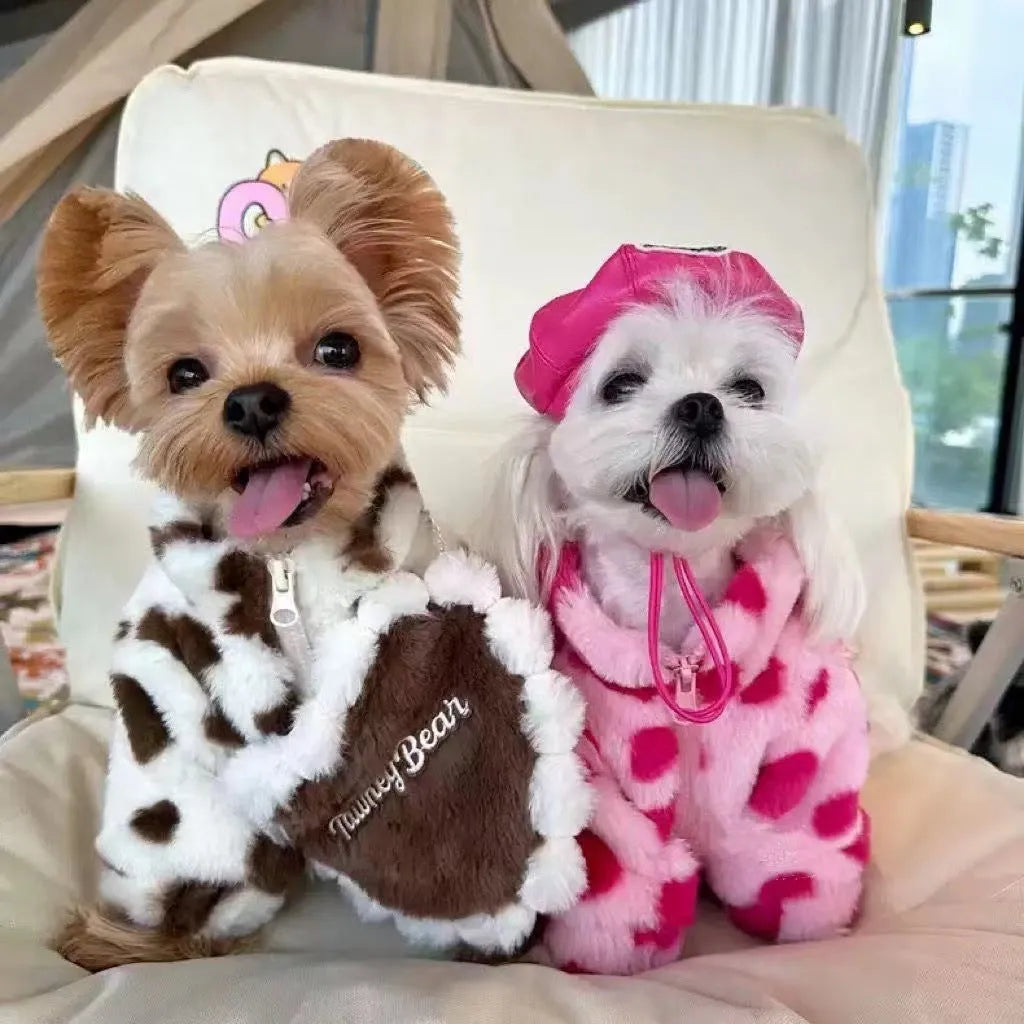 Pink plush-warm polyester dog coat for small breed puppies on a mannequin, showing British style design.
