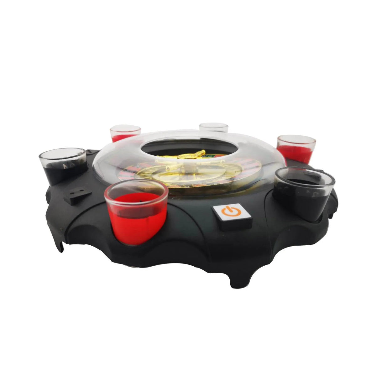 Electric roulette drinking game set with acrylic turntable, two steel balls and six red and black numbered shot glasses