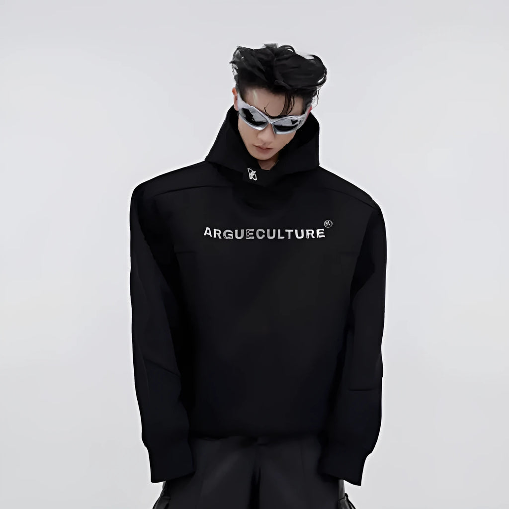 A red men's loose hooded sweater with heavy shoulder pads and a three-dimensional printed pattern.