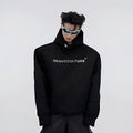 A red men's loose hooded sweater with heavy shoulder pads and a three-dimensional printed pattern.