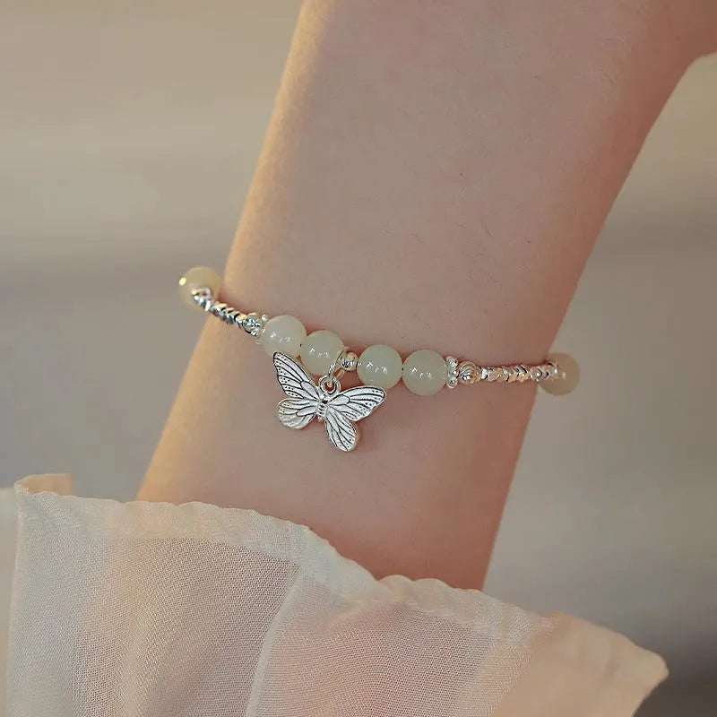 Hetian jade silver butterfly jewellery set for women with bracelet and necklace