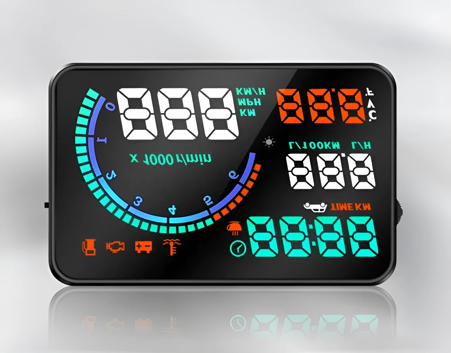 Black car head up display with 5.5-inch LED screen on dashboard showing speed and fuel data