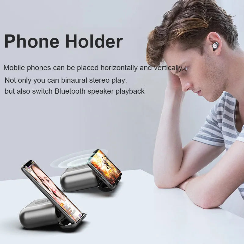 F9 5.0 wireless Bluetooth headset in black with charging case, featuring CVC8.0 noise reduction and 2000 mAh capacity