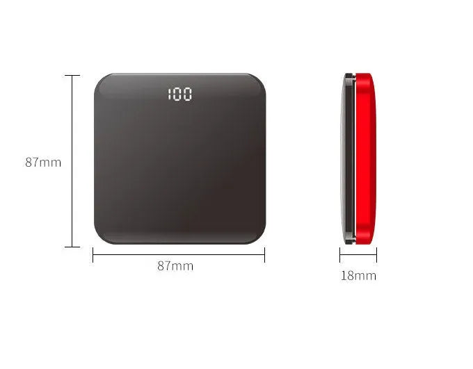 Ultra-thin mirror mini charging power bank with LCD display and alloy shell in black