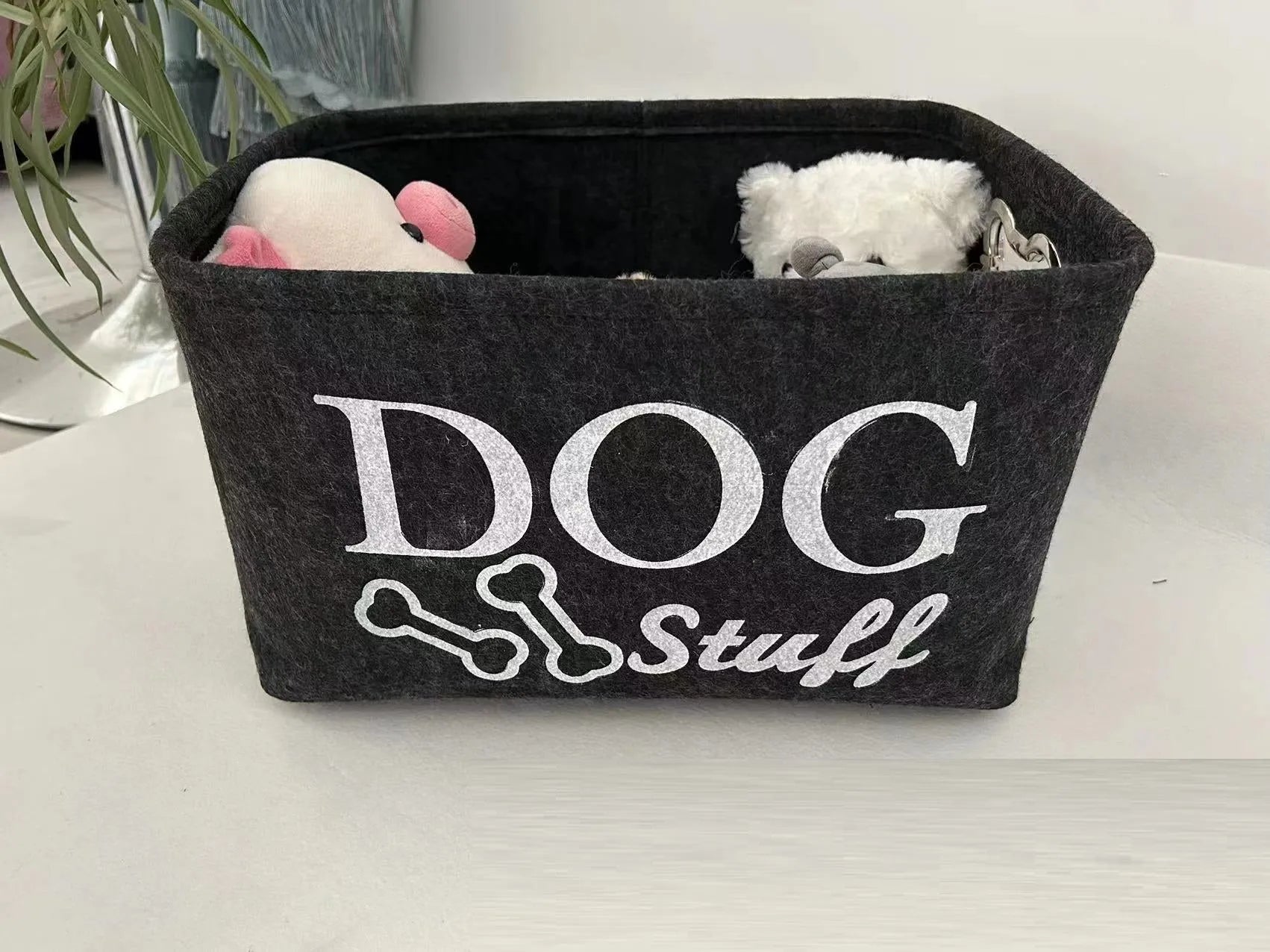 Dark grey felt storage box with metal handle for pet toys snacks sundries measuring 38x27x25 cm