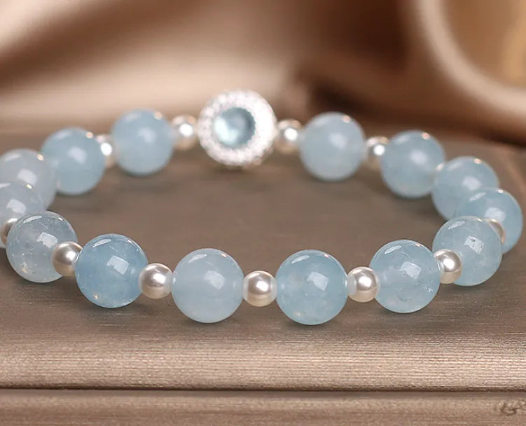 Natural aquamarine crystal bracelet for women in sky blue light luxury minority style