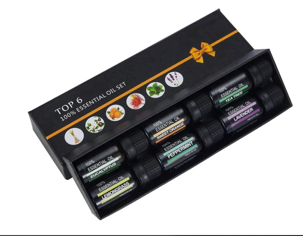 Six 10ml aromatherapy massage oil bottles with lavender, tea tree and citrus essential oil blends