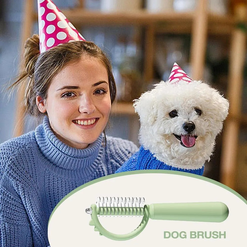 Blue dinosaur-shaped self-cleaning cat grooming brush with double-sided stainless steel pins