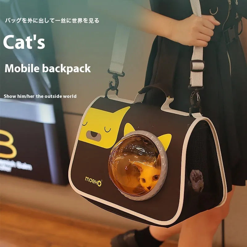 Crossbody pet bag with transparent space cover, PU fabric cartoon pattern, Green Leaves colour