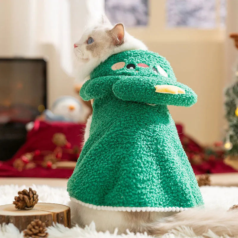 Brown cartoon elk design polyester cloak on a cat, showing the garment's fit and style.