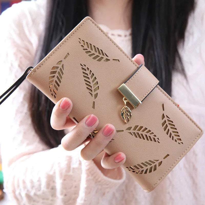 Women long wallet with hollow leaves design, zipper closure, soft PU leather, apricot colour, multiple card slots and compartments