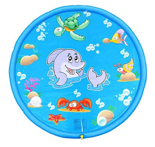 Blue PVC children's water spray play mat with marine animal designs measuring 100x170cm