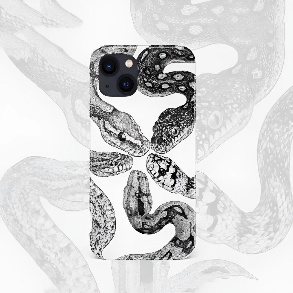 Black and white retro python illustration phone case on an iPhone, available in frosted or glossy hard shell finish