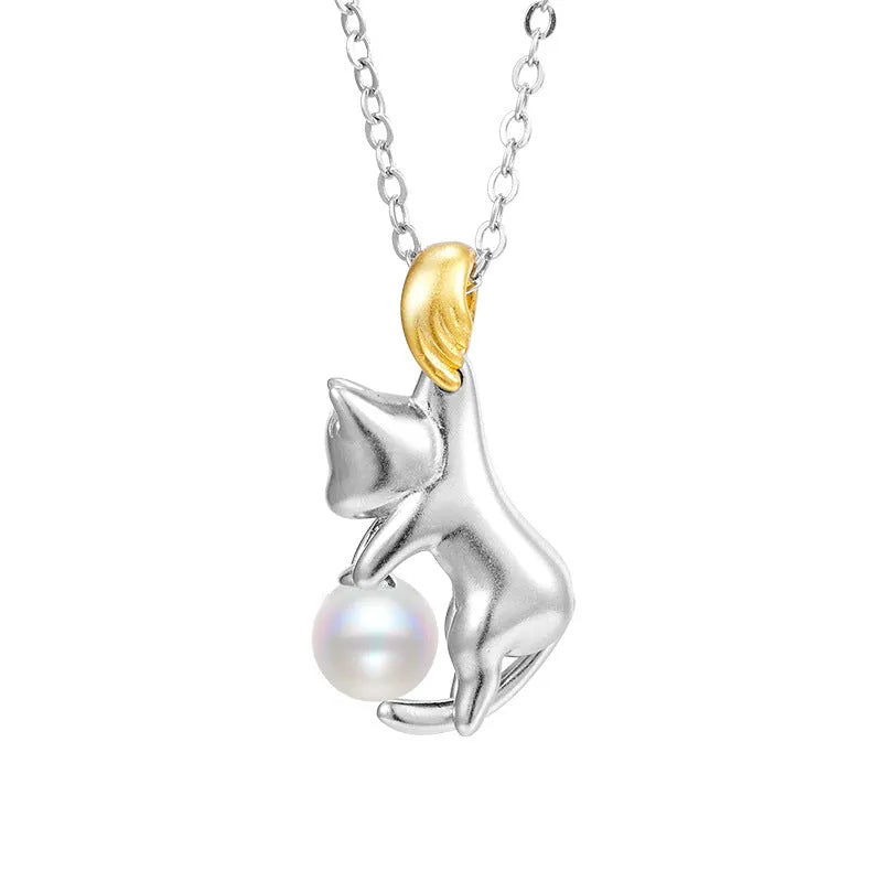 925 sterling silver clavicle chain necklace with cat pendant in multiple finish variations