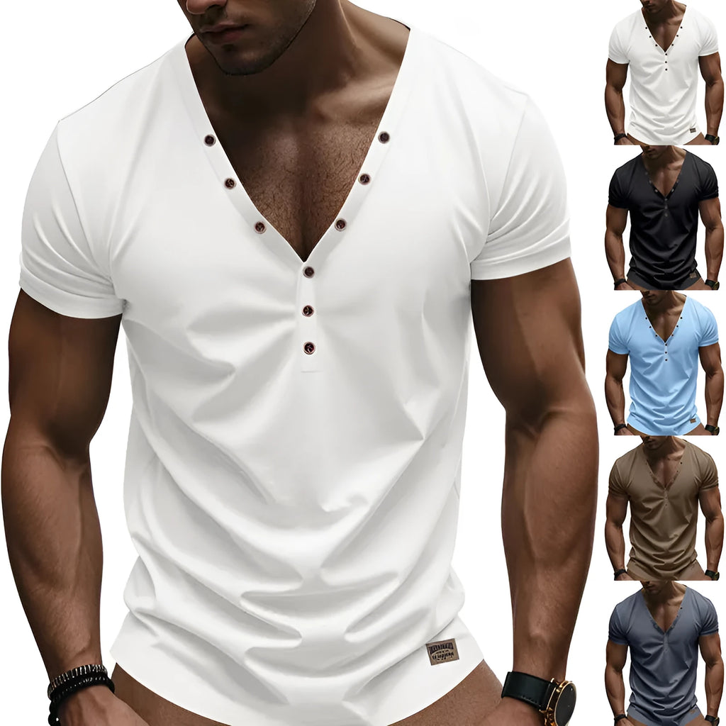 Men's loose thin grey V-neck pullover top with button design on a hanger.