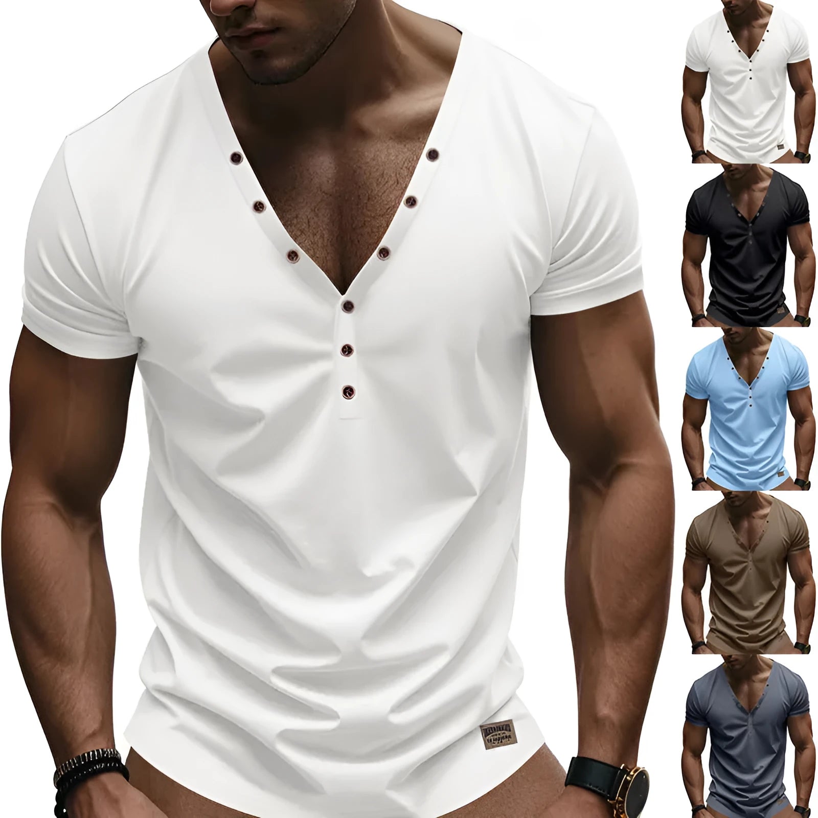 Men's loose thin grey V-neck pullover top with button design on a hanger.