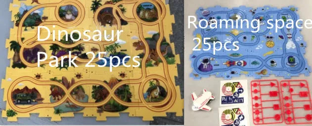 Children puzzle electric railroad speeder DIY assembly track set with automatic car and plastic pieces in multiple themes