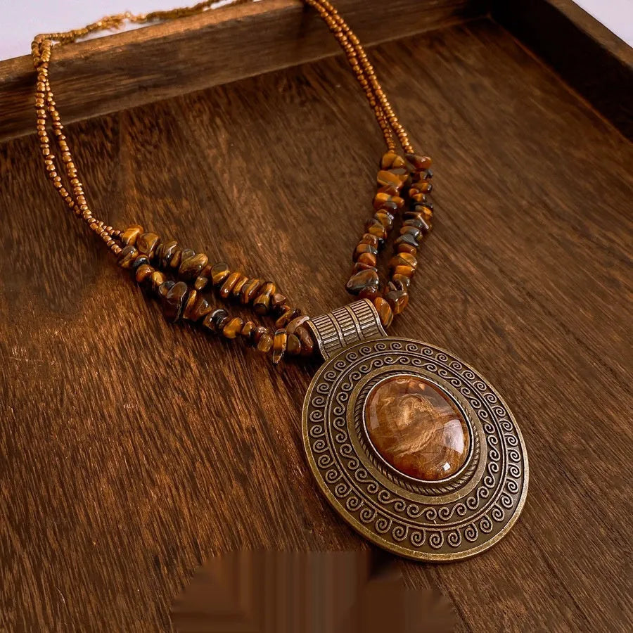 Irregular tiger eye stone oval pendant necklace with retro electroplated finish on adjustable clavicle chain, coffee colour, women's Chinese style jewellery
