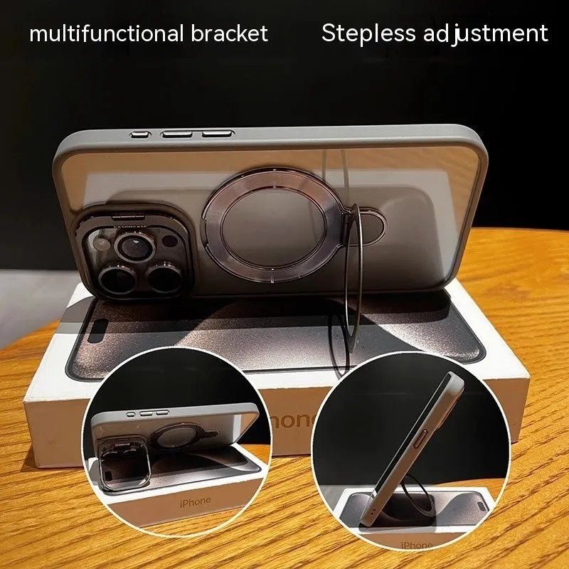 Magnetic suction lens cover bracket phone case for Apple iPhone in silicone, black, with invisible bracket