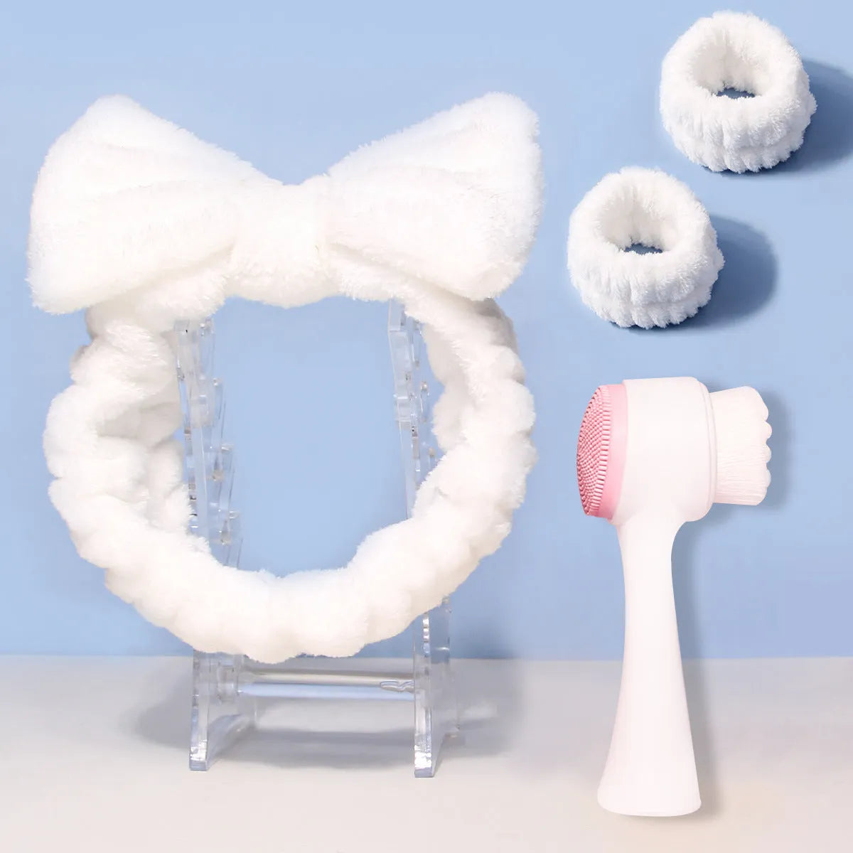 Coral fleece hair band facial brush set with face wash brush in multiple colour options