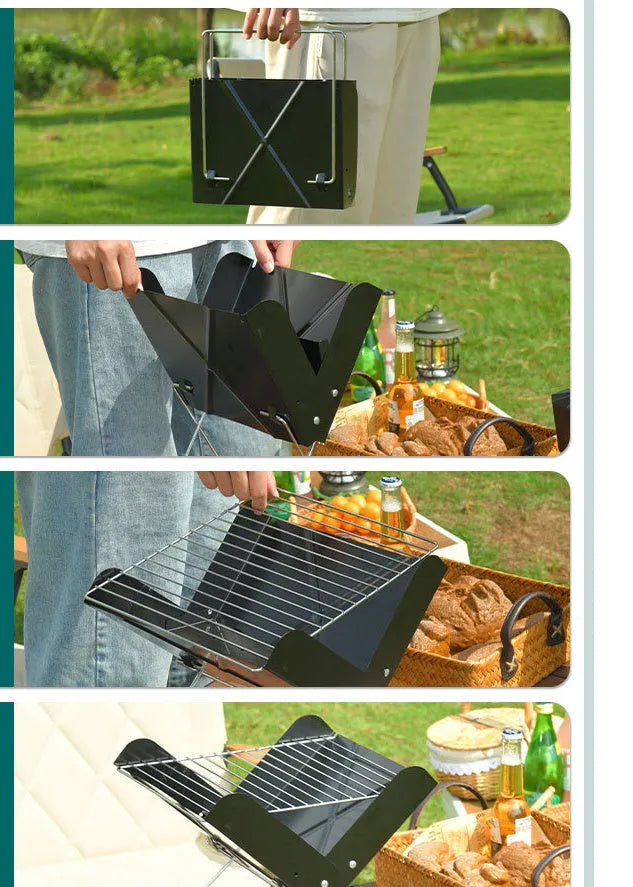 Portable black metal barbecue grill measuring 29x26x29cm for outdoor camping and picnic use