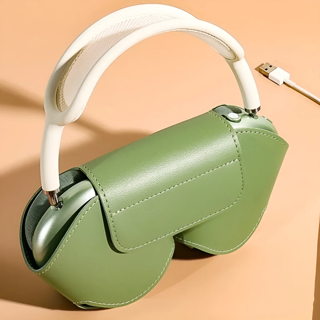 Black PU leather protective case for AirPods Max headphones with the lid open, showing internal sleeves.
