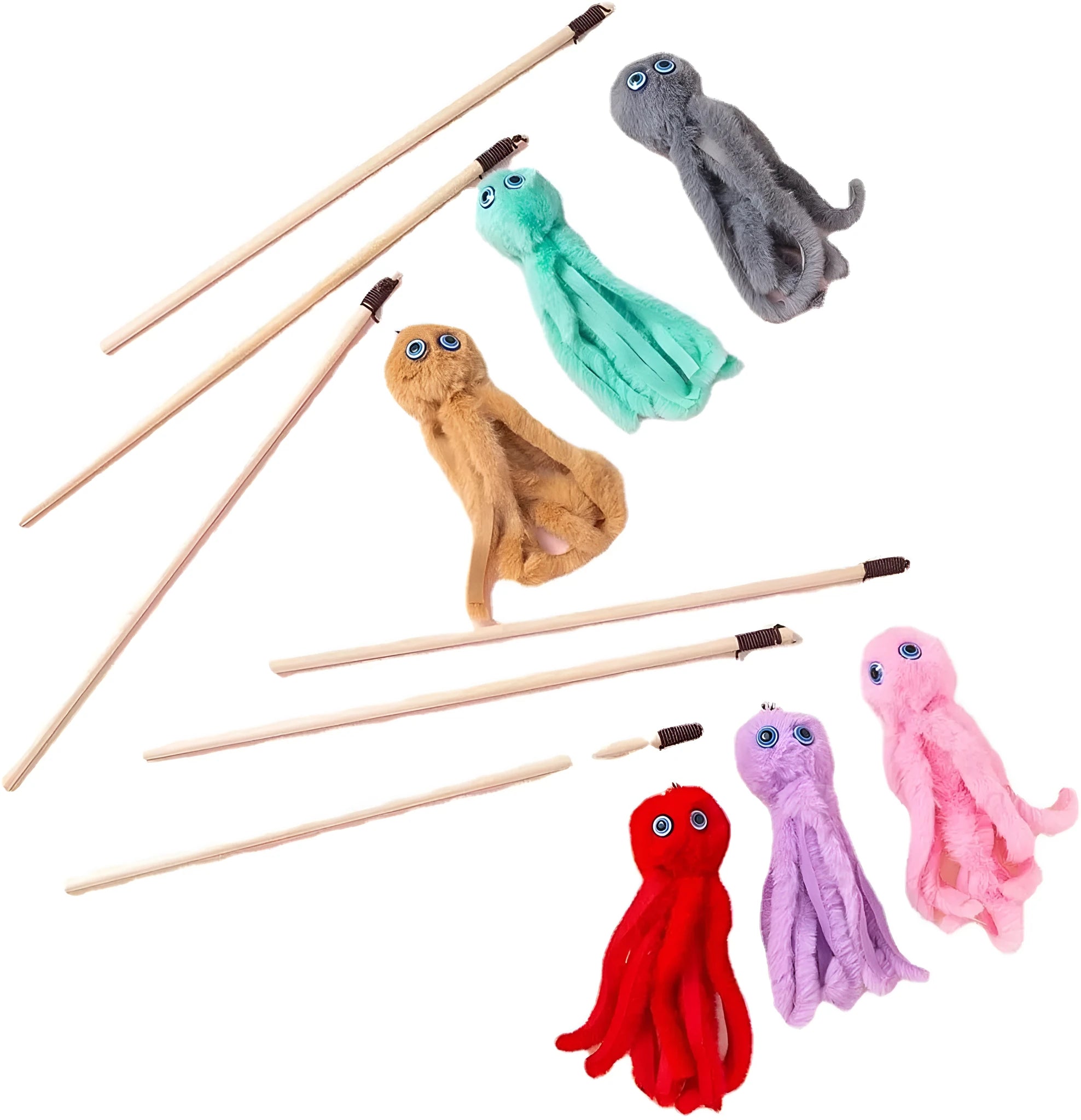 Colourful octopus cat toy with long stick and feather elements for indoor play