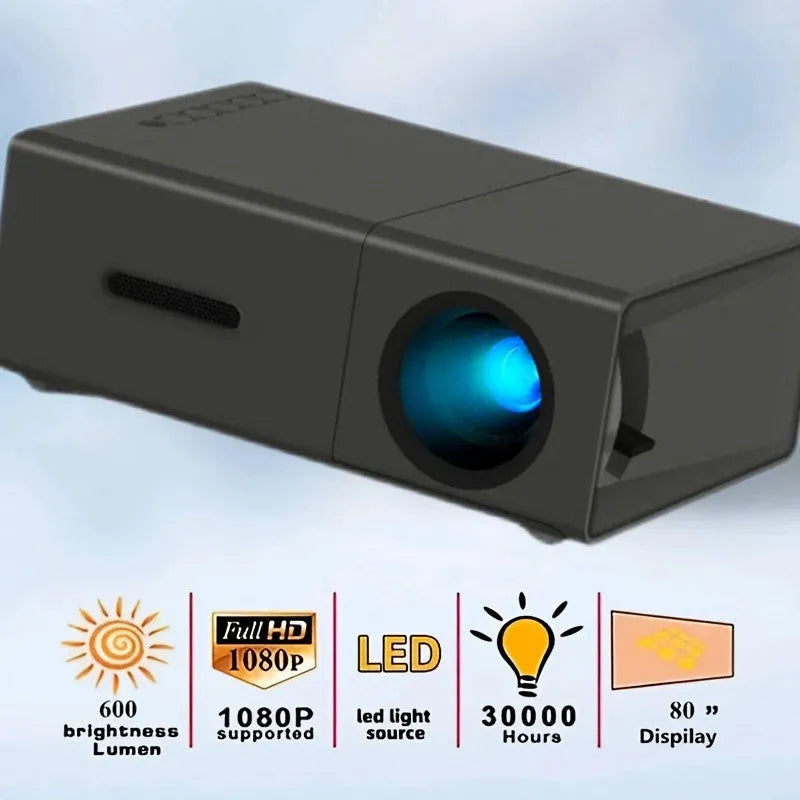Black and white M100 mini portable LED home projector with remote control on a table.
