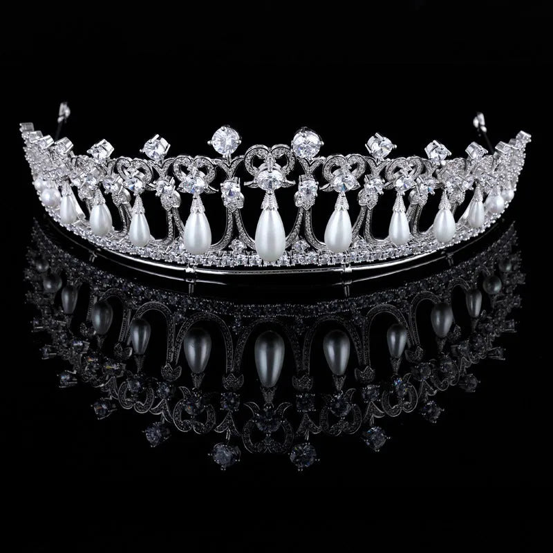 Silver bridal wedding tiara with AAA zircon and pearl tears on white background